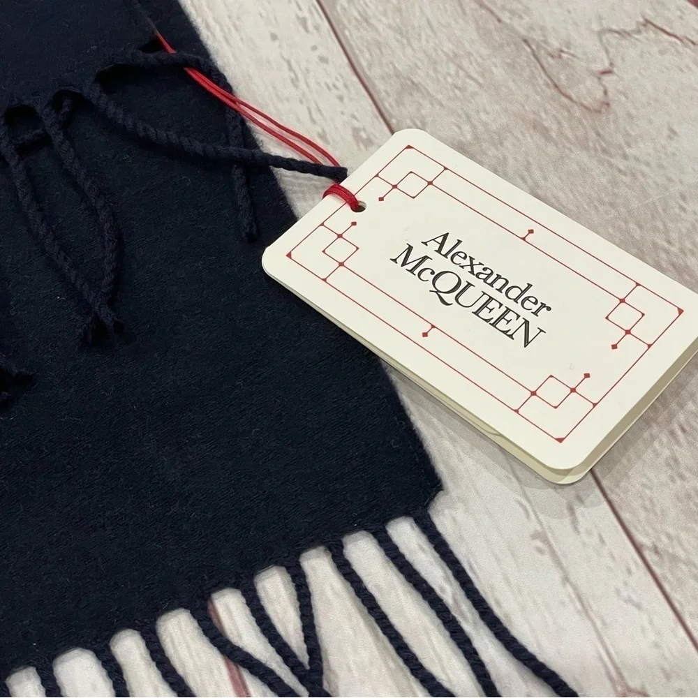 Alexander Mcqueen Navy Blue Selvedge Fringe Wool/Cashmere Unisex Scarf NWT $420
